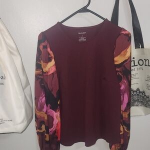 Nine West Women's Maroon Top with Colorful Patterned Sleeves